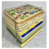 Puzzle rack with 12 wooden puzzles