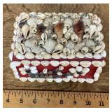 Seashell covered jewelry box and contents