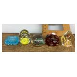 4 art glass paperweights & blue Fenton hobnail