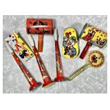 8 vintage tin litho noisemakers