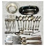 Silverplate flatware, wine coaster, & butter dish