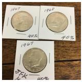 3 Kennedy 1967 and 1968 half dollars
