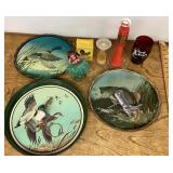 Avon perfume, trays, ruby tumbler, hula doll