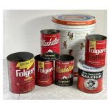1984 Trivia Tin, 5 coffee cans, tobacco tin