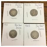 4 Barber silver dimes