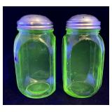 Pair of green Depression uranium glass shakers