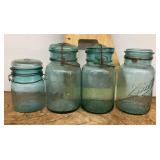 4 blue glass Ball canning jars