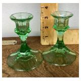Pair of green Depression glass candleholders
