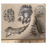 5 silver tone costume jewelry brooches