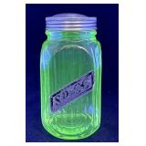 Green Depression uranium glass spice jar w/lid