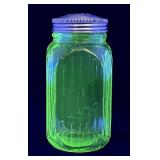 Green Depression uranium glass shaker jar w/lid