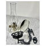 Oil lamp, iron bracket, & mercury glass reflector