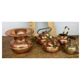 Copper spittoon and teapots