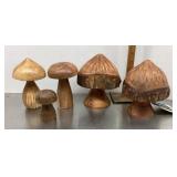 5 carved wood mushrooms