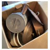 Copper pots and pans, vintage sifter, etc.