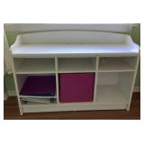 Storage bench with cubbies and contents