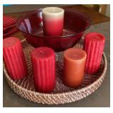 Pillar candles, glass bowl, and basket