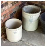 2 cracked stoneware crocks