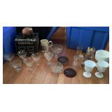 Tote of glassware and milk glass, etc.