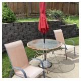 Metal mesh patio table, umbrella, 2 chairs