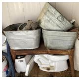 Galvanized washtubs, watering can, tub stand