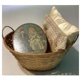 Basket, cross stitch pillow, folk art box