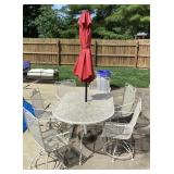 38x66 metal mesh patio table, 6 chairs, umbrella