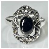 Sterling silver onyx and marcasite ring
