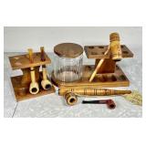 2 walnut pipe stands, humidor, 5 pipes