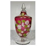 Hand painted cranberry glass candy dish
