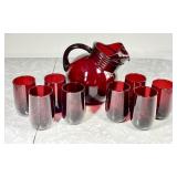 Ruby glass ball pitcher and 8 juice glasses