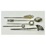 Sterling silver cocktail pick & 4 antique hatpins