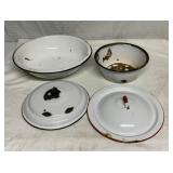 White enamelware pans and lids