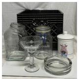 Glass canisters, ashtray, glass and milk crate