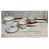 3 enamelware pots and lid