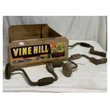 3 hand drills in fruit crate