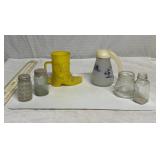 Glass bottles, salt shakers, vintage syrup pitcher