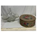 Glass basket and floral tin