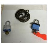 2 padlocks with keys and bike wire