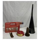 Funnels and oil can