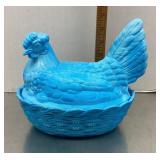 Blue milk glass hen on a nest