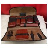Vintage travel shoe shine kit in leather case