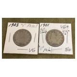 2 'V' nickels 1901 & 1903