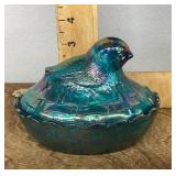 Blue iridescent Fenton glass bird on nest