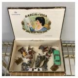 Vintage cigar box of small toys