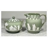 Green Wedgwood jasperware cream & sugar