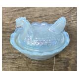 Mini Boyd white iridescent glass hen on nest