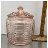 Pink Depression glass biscuit jar