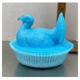 Blue slag glass turkey on a nest