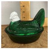 Green Westmoreland glass hen on nest